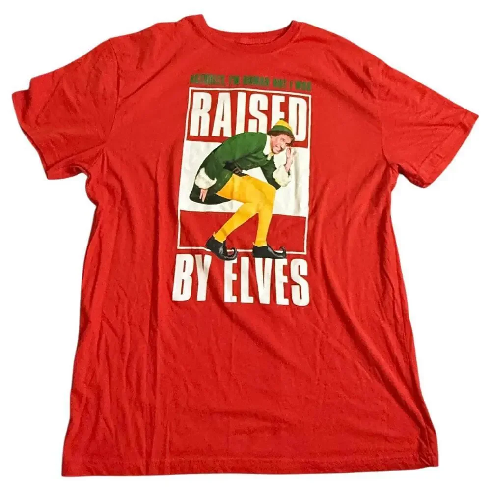 Elf Movie “Raised by Elves” Christmas Graphic Tee Red XL - Picture 1 of 5